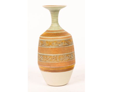 Mary Rich (born 1940), a porcelain bottle vase, pale green glaze with bands of pink and speckled gold geometric patterns, imp