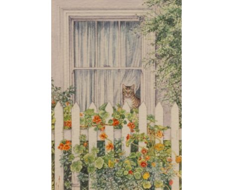 Marion Pritchard/Cat and Nasturtiums/signed/watercolour, 12cm x 8cm/Provenance: purchased from Llewellyn Alexander (Fine Pain