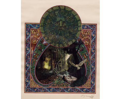 20th Century/Green Man/a woodland vignette with Celtic design borders/signed indistinctly in pencil and dated 1993/colour pri
