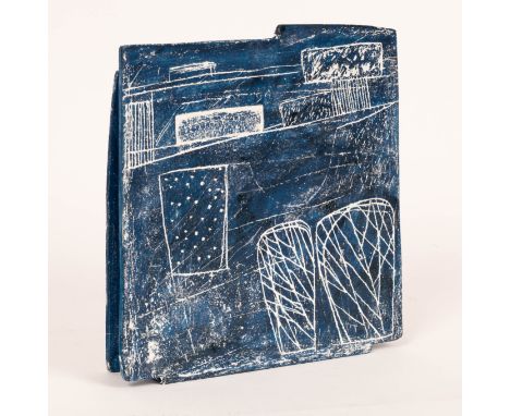 Sarah Jenkins (Contemporary), a square form vessel raised on an irregular base decorated in blue with a white incised pattern