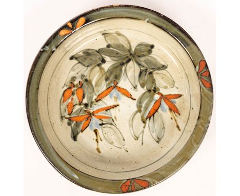 Colin Kellam (born 1942), a stoneware dish with straight sides, painted foliage and flowers, impressed mark, 23.5cm diameter 