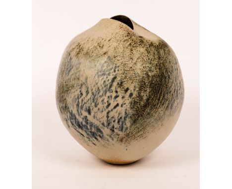 Betty Blandino (1927-2011), a large globular vessel with asymmetrical rim, in pale grey textured glaze, impressed mark, 40cm 