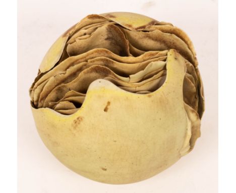 Peter Simpson (born 1943), a porcelain vessel in the form of an ochre orb, soft white glaze, the rounded form with paper thin