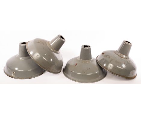 Four Benjamin RLM Crysteel vintage industrial pendant light shades, grey enamel exterior, traces of original labels, 26cm hig