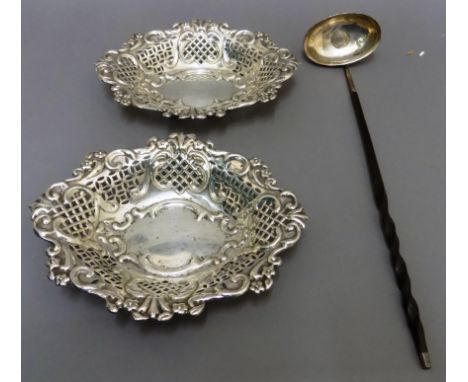 TWO PIERCED SILVER DISHES & LADLE (3)