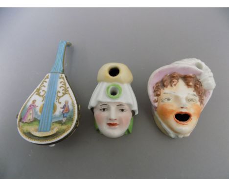 2 CONTINENTAL PORCELAIN PEN HOLDERS & LATE SNUFF BOX (3)