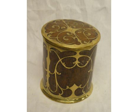 A good quality brass and rosewood cylindrical tea caddy and cover, 6" high
