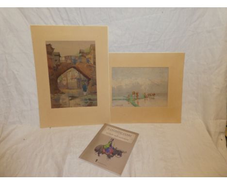 Mollie Molesworth - watercoloursLandscape with figures and oxon and canal scene with bridge, signed, 13" x 6" and 15" x 10" (