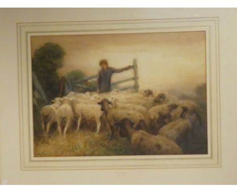 John R K Duff - watercolourYoung shepherd boy with flock of sheep, signed, 14" x 20"