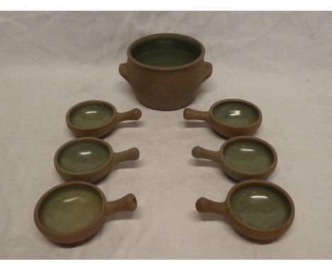 A set of six 1960s Leach pottery single handed soup bowls and a matching two handle soup serving bowl (7)