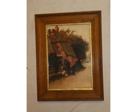 K Blacklock - watercolourThatched cottage with figures outside, signed, 11" x 7½"