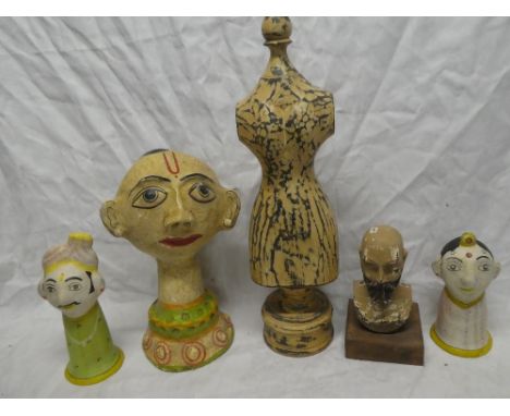 A South American -style papier mache and wood figure of a character head, 13", two similar smaller figures; a modern wood tor