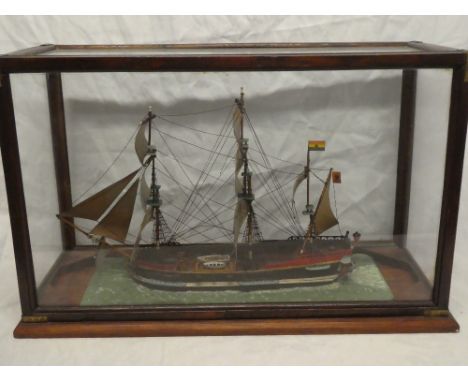 A wooden scale model of three-masted gunship "Hispanoli" in brass mounted mahogany case, 26" x 16½" overall