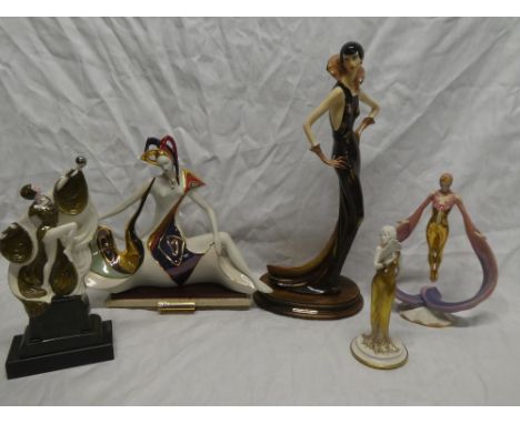 Five modern china Art Deco-style female figures including Spanish Galos china seated female figure, 15½" long; Naples china f