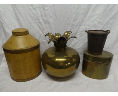 An old enamelled metal circular tea caddy and cover, 14" high; a Huntley and Palmers metal biscuit jar in the form of a baske