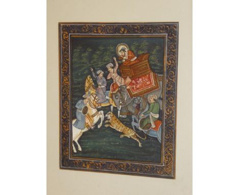 An Indian moghul watercolour depicting figures fighting on elephant and horseback, 9" x 7"