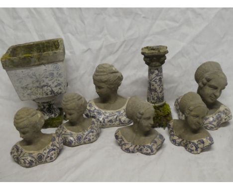 A selection of composition part glazed female bust figures together with similar weathered candlestick, planter, etc