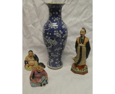 A 19th Century Chinese baluster-shaped vase with blue and white blossom decoration (af); and three various Eastern glazed cha