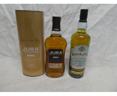 A bottle of Jura single malt Scotch whiskey, boxed and a bottle of Shackleton whiskey (2)