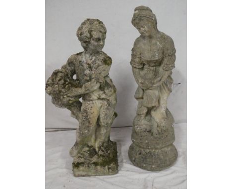 Two weathered concrete garden classical figures, 30" and 32" high