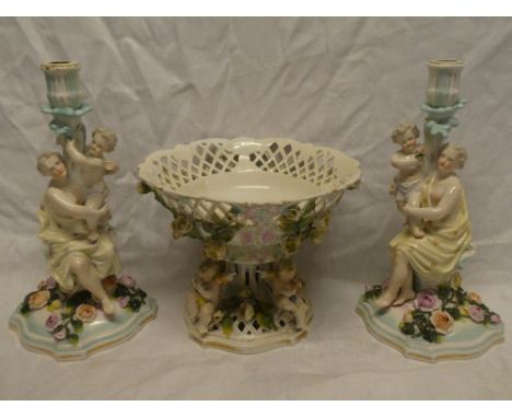 A good quality German porcelain table centre bowl with pierced and floral decoration on cherub decorated stand together with 