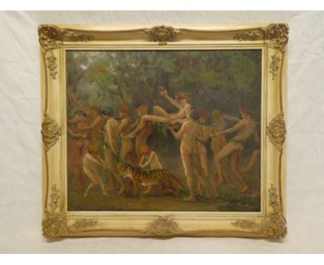 A**J**M** - oil on canvasJungle scene with nude figures with a tiger, signed with initials, 19½" x 23"