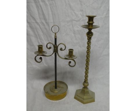 A good quality brass and iron adjustable twin branch candle lamp with scroll-shaped stem and snuffer, 17" high and one other 