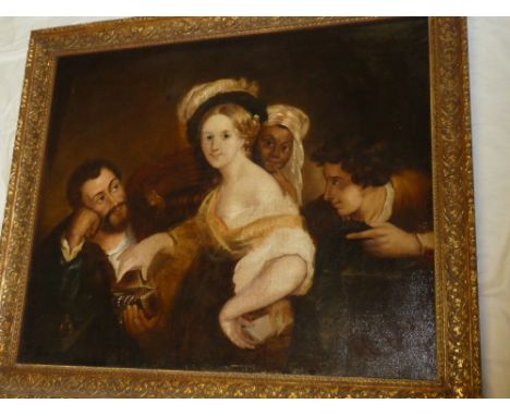 Artist Unknown - oil on canvasHalf length portrait of a female with three traders, 29" x 36"