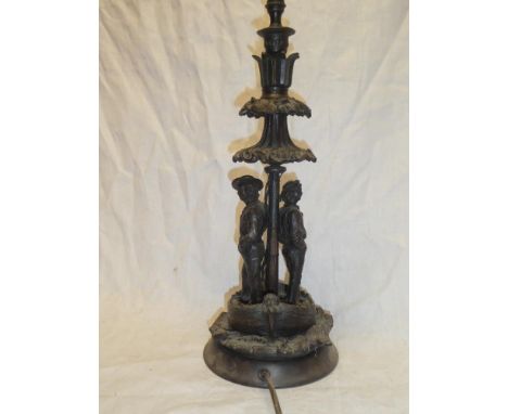 A bronzed spelter table lamp in the form of two Victorian sailors standing in boat, 19" high