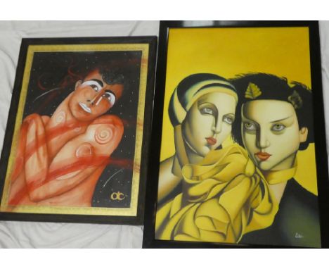 O**J** - watercolourBust portrait of a male, 28" x 20" and one other Art Deco-style screen print depicting two figures (2)