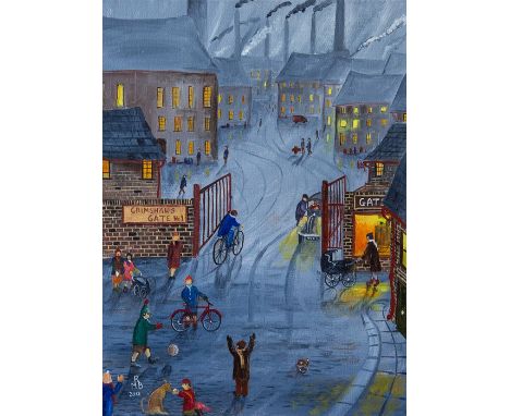 Rod Buckingham - The Factory Gate Kids.&nbsp;oil on canvas. Unframed. Signed and dated by the artist, 2012. 30cm x 40cm.&nbsp