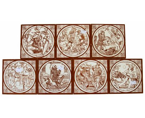 Minton, seven ceramic tiles depicting various Arthurian legend characters