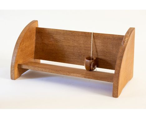 Robert Thompson "Mouseman" desk bookshelf and napkin ring. Width 45cm