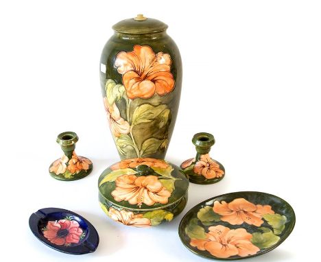 Collection of mid 20th century Moorcroft - candlesticks, lamp vase, lidded dish, ashtray and a pin dish