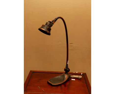 Copper table lamp converted to electricity in mid 20thC retaining original Victorian gas light fitting. Weighted base, possib