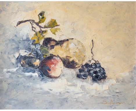 Oil on panel, with palette knife, 1960s painting of apples, pears and grapes. Framed 59cm x 49cm