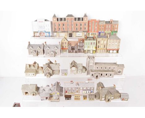 Large collection of Peco Bachmann N gauge track with many buildings and accessories (qty), comprising Peco and Bachmann track