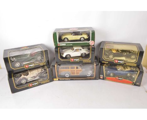 1:18 Scale Pre and Postwar Diecast Cars (7),  all boxed, Burago 3009 Mercedes Benz SSK 1928 in cream (minus 3020 Mercedes Ben