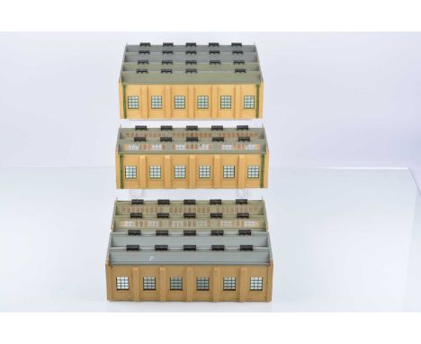 Pair of Hornby-Dublo 00 Gauge 2-Rail kitbuilt four Road Engine Shed and one  two Road Engine shed (3)  all made up and appear