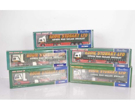 Corgi Eddie Stobart Articulated Trucks, five boxed examples 1:50 scale, MAN examples, CC13401 TGA Curtainside, CC13405 TGA XL