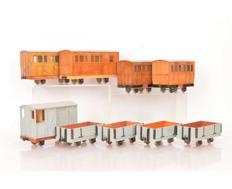 A Rake of Kit-built G Scale (Gauge 1) Narrow Gauge Coaches and Wagons (9), all 4-wheel stock constructed in plywood, with two