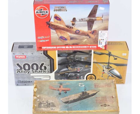 Syma modern remote Control Helicopter and 1950's  Nulli-Scundus mechanical remote control Helicopter and Airfix Dogfight Doub