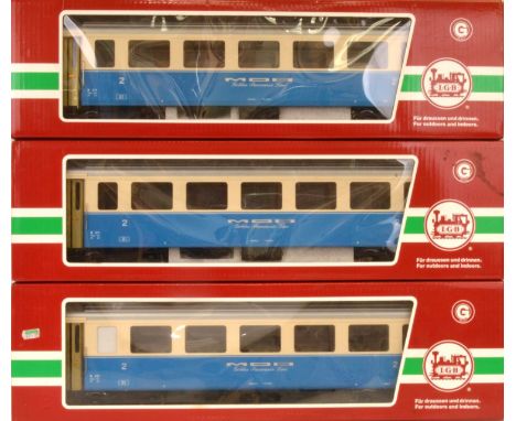 LGB G Gauge MOB Coaches 2nd Class (3) 35673 blue and cream Golden Panoramic Line coaches, opening doors and lighting VG, boxe