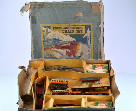 An uncommon Brimtoy for 'Kingsland' 0 Gauge clockwork Train Set, in original box showing a red 'Golden Eagle' train pulling o