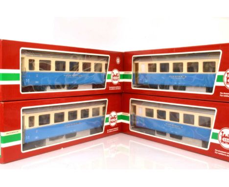 LGB G Gauge MOB Coaches 2nd Class (4) 35673 blue and cream Golden Panoramic Line coaches, opening doors and lighting VG, boxe