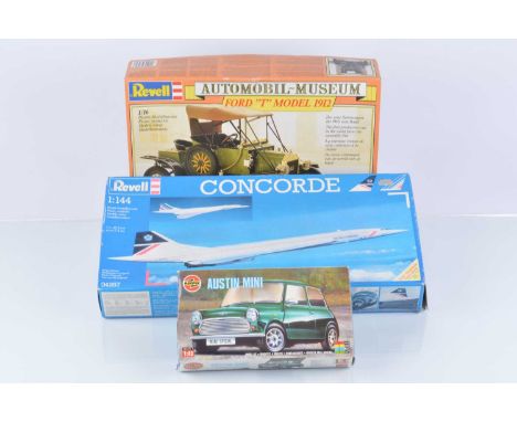 Car and Aircraft Kits, three boxed examples, Revell 1:144 scale 04257 Concorde, Revell 1:16 scale 7469 Ford Model T 1912, 1:4