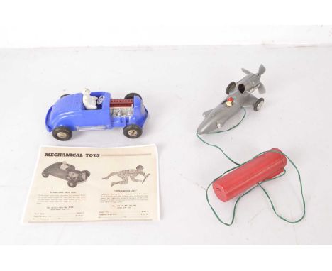 Marx Sparking Hot Rod and MIC Hong Kong Jet Propeller car, Mark plastic blue body with silver painted detail and tinplate bas