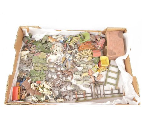 Large quantity of Britains and other makers mainly metal playworn Farm Animals, Farmers and Accessories and some plastic item