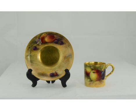 Royal Worcester Fine Hand Painted Miniature Coffee Can and Saucer ' Fallen Fruits Stillife, Pears, Berries and Apples. Signed