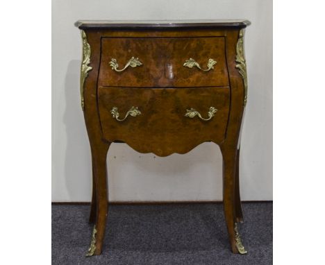 A Louis XV Style Kingwood Walnut Veneered and Ormolu Mounted Bombe Petite Commode, with Rococo Handle Pulls and Trailing Cabo
